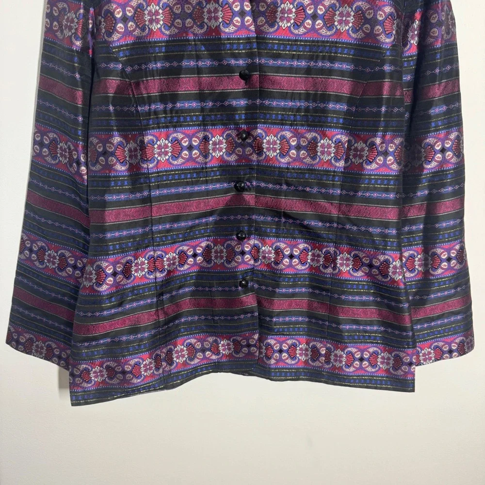 Talbots Silk Metallic Paisley Stripe Mandarin Collar Jacket Blue Purple Women 12
